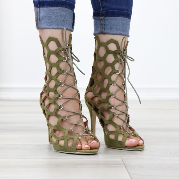 Lace-Up Strappy Olive Gladiator Suede Open Toe Needle High Heel Stiletto Sandals - Picture 4 of 11